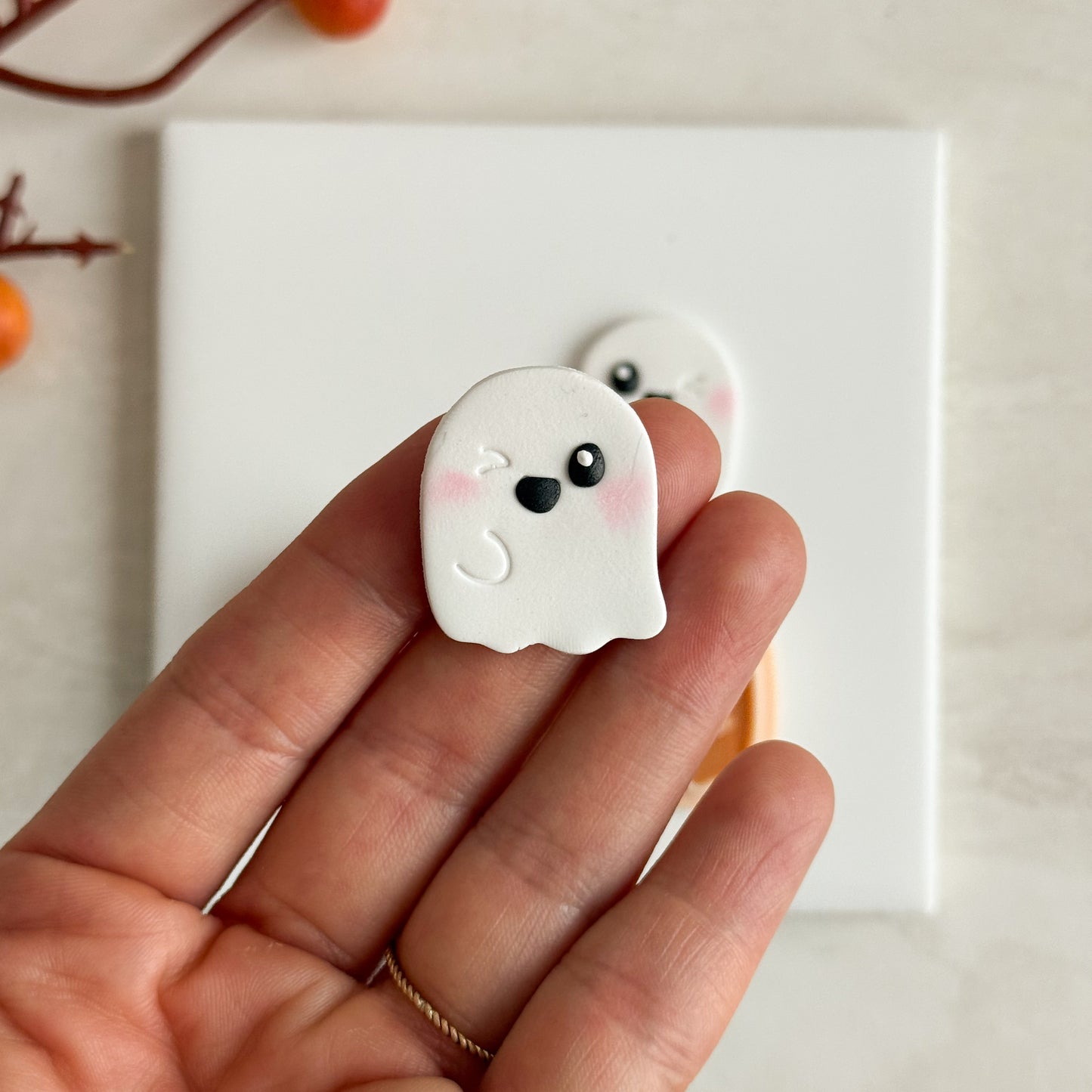 2025 Cute Winking Ghost No. 1 | Embossed Spooky Theme Polymer Clay Cutter Halloween Fall Cozy