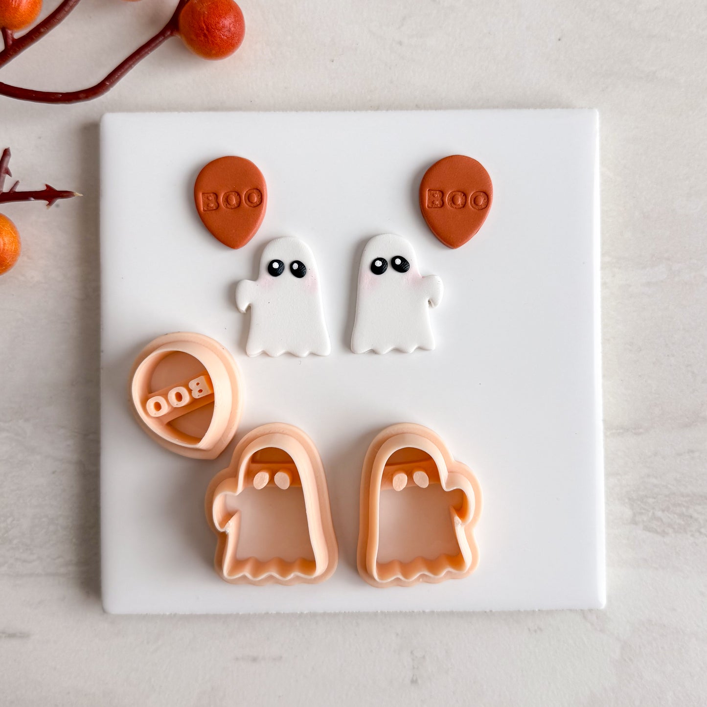 2025 Ghost Holding Boo Balloon | Embossed Spooky Theme Polymer Clay Cutter Halloween Fall Cozy