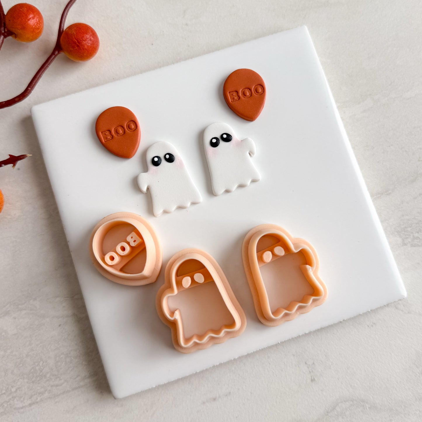 2025 Ghost Holding Boo Balloon | Embossed Spooky Theme Polymer Clay Cutter Halloween Fall Cozy