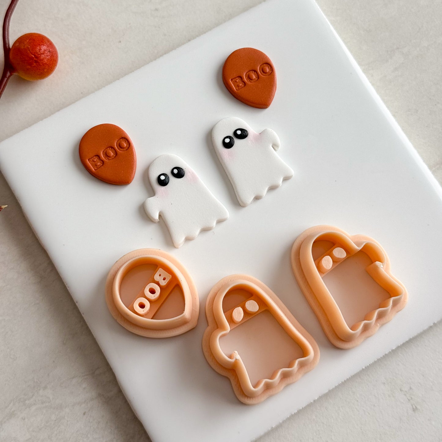 2025 Ghost Holding Boo Balloon | Embossed Spooky Theme Polymer Clay Cutter Halloween Fall Cozy
