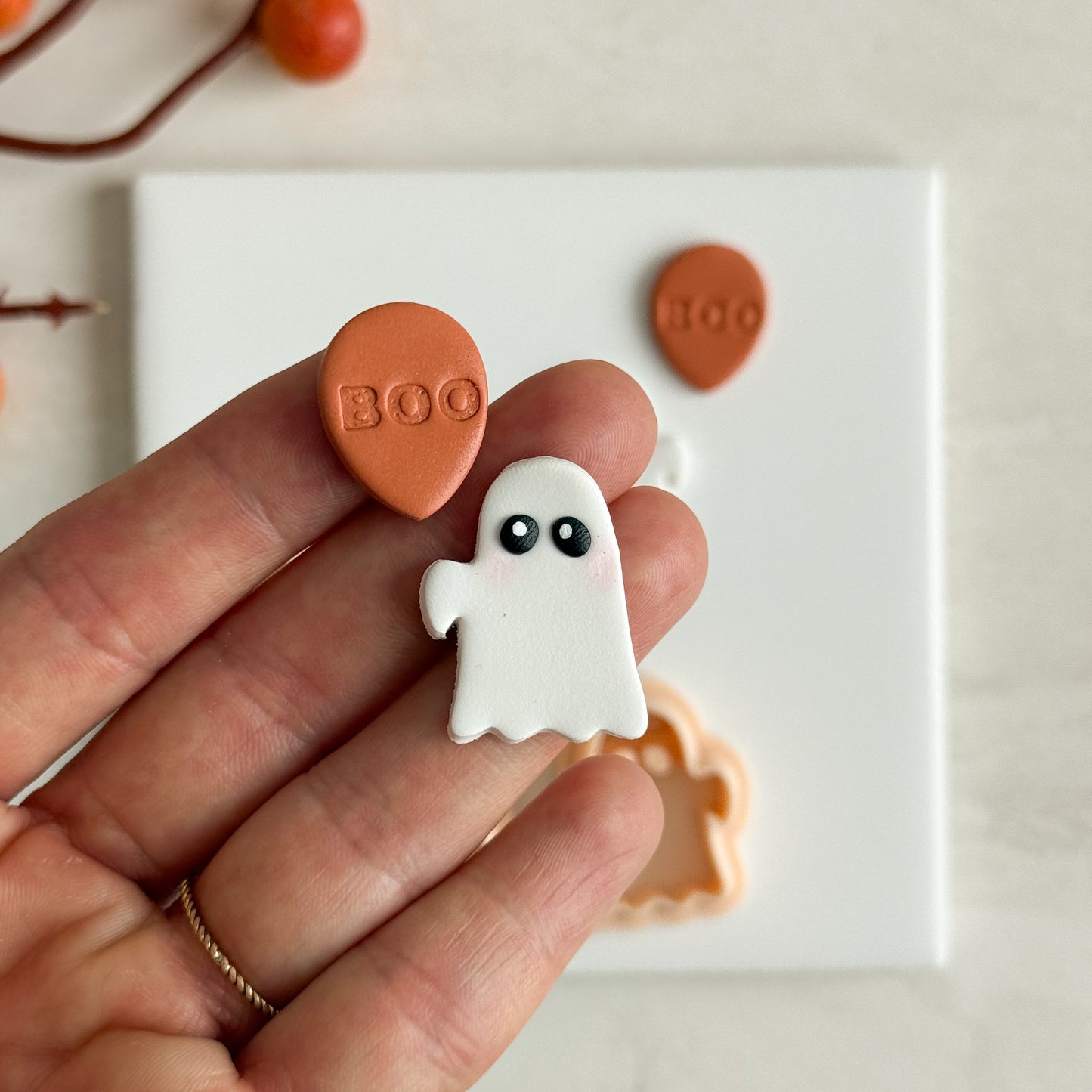 2025 Ghost Holding Boo Balloon | Embossed Spooky Theme Polymer Clay Cutter Halloween Fall Cozy