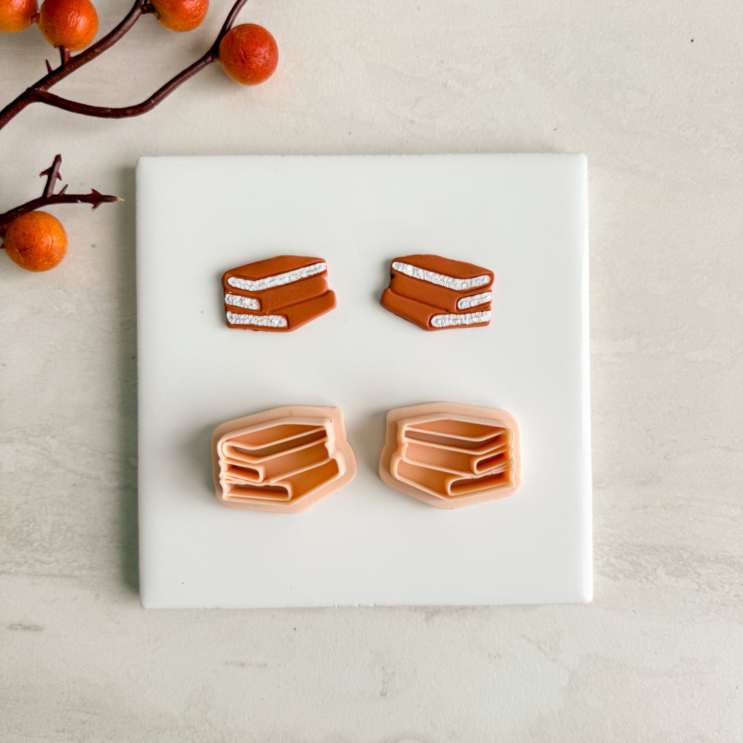 2025 Book Stack | Embossed Bookish Theme Polymer Clay Cutter Halloween Fall Cozy Cafe