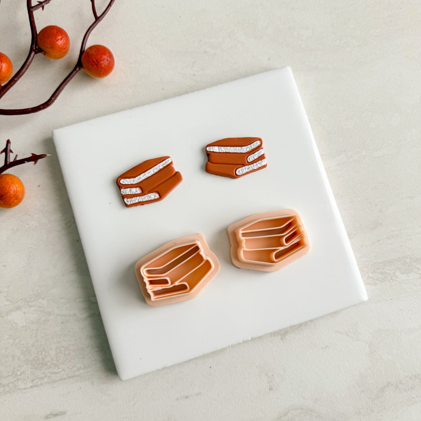 2025 Book Stack | Embossed Bookish Theme Polymer Clay Cutter Halloween Fall Cozy Cafe