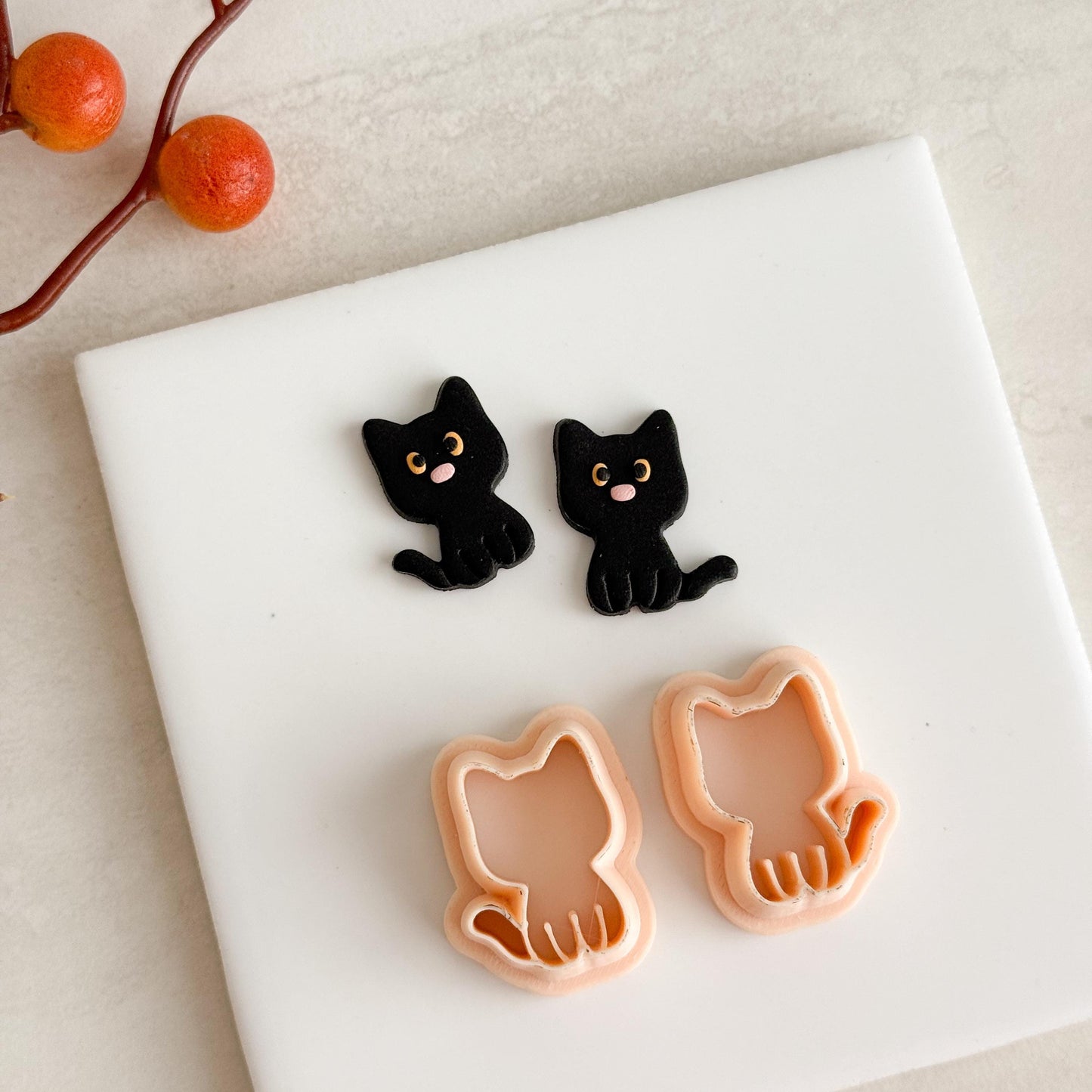 2025 Black Cat Mirrored Set | Black Cat Shape Spooky Halloween Fall Embossed Polymer Clay Tools for Autumn Earrings & Crafts