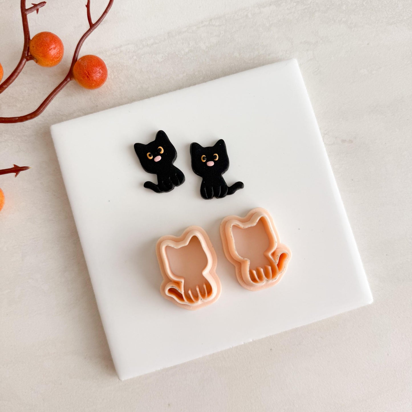 2025 Black Cat Mirrored Set | Black Cat Shape Spooky Halloween Fall Embossed Polymer Clay Tools for Autumn Earrings & Crafts