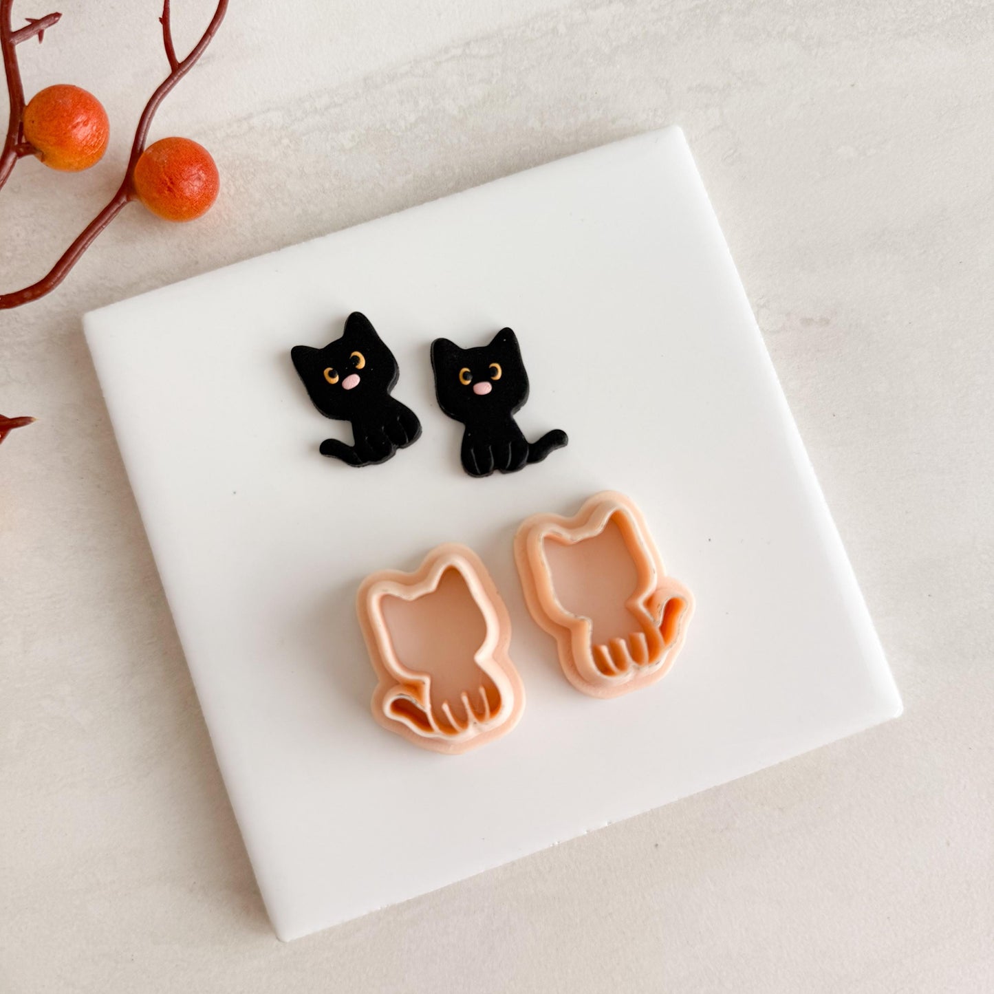 2025 Black Cat Mirrored Set | Black Cat Shape Spooky Halloween Fall Embossed Polymer Clay Tools for Autumn Earrings & Crafts