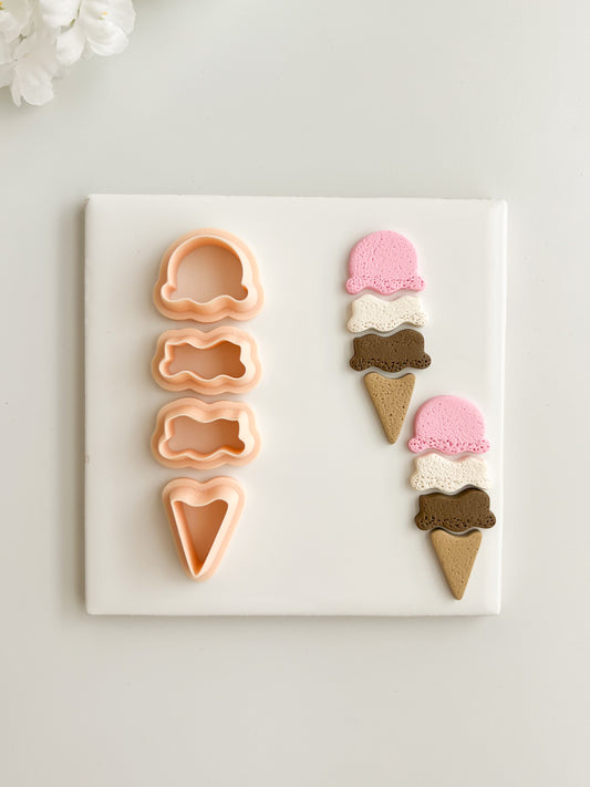 Ice Cream 4 Part Clay Cutter | Ice Cream 4 Part Polymer Clay Cutter for DIY Ice Cream Cone Earrings Summer Jewelry and Handmade Food Accessories