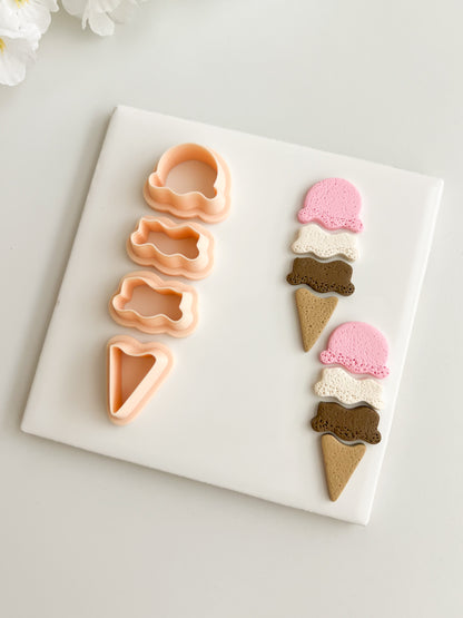 Ice Cream 4 Part Clay Cutter | Ice Cream 4 Part Polymer Clay Cutter for DIY Ice Cream Cone Earrings Summer Jewelry and Handmade Food Accessories