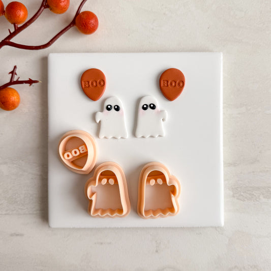 2025 Ghost Holding Boo Balloon | Embossed Spooky Theme Polymer Clay Cutter Halloween Fall Cozy
