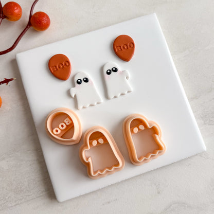 2025 Ghost Holding Boo Balloon | Embossed Spooky Theme Polymer Clay Cutter Halloween Fall Cozy