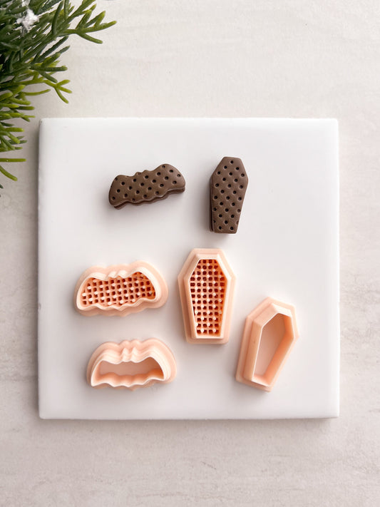 Bat and Coffin Ice Cream Sandwich Clay Cutter Set | Bat and Coffin Ice Cream Sandwich Polymer Clay Cutter Set for DIY Halloween Earrings Food-Themed Jewelry and Handmade Spooky Accessories