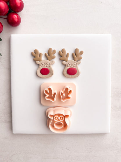 Reindeer with Glasses Clay Cutter | Reindeer with Glasses Polymer Clay Cutter for DIY Holiday Earrings Christmas Jewelry and Handmade Cute Accessories