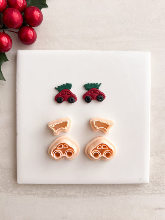 Mini Car Tree Stud Clay Cutter | Mini Car Tree Stud Polymer Clay Cutter for DIY Holiday Earrings Festive Jewelry and Handmade Christmas Accessories