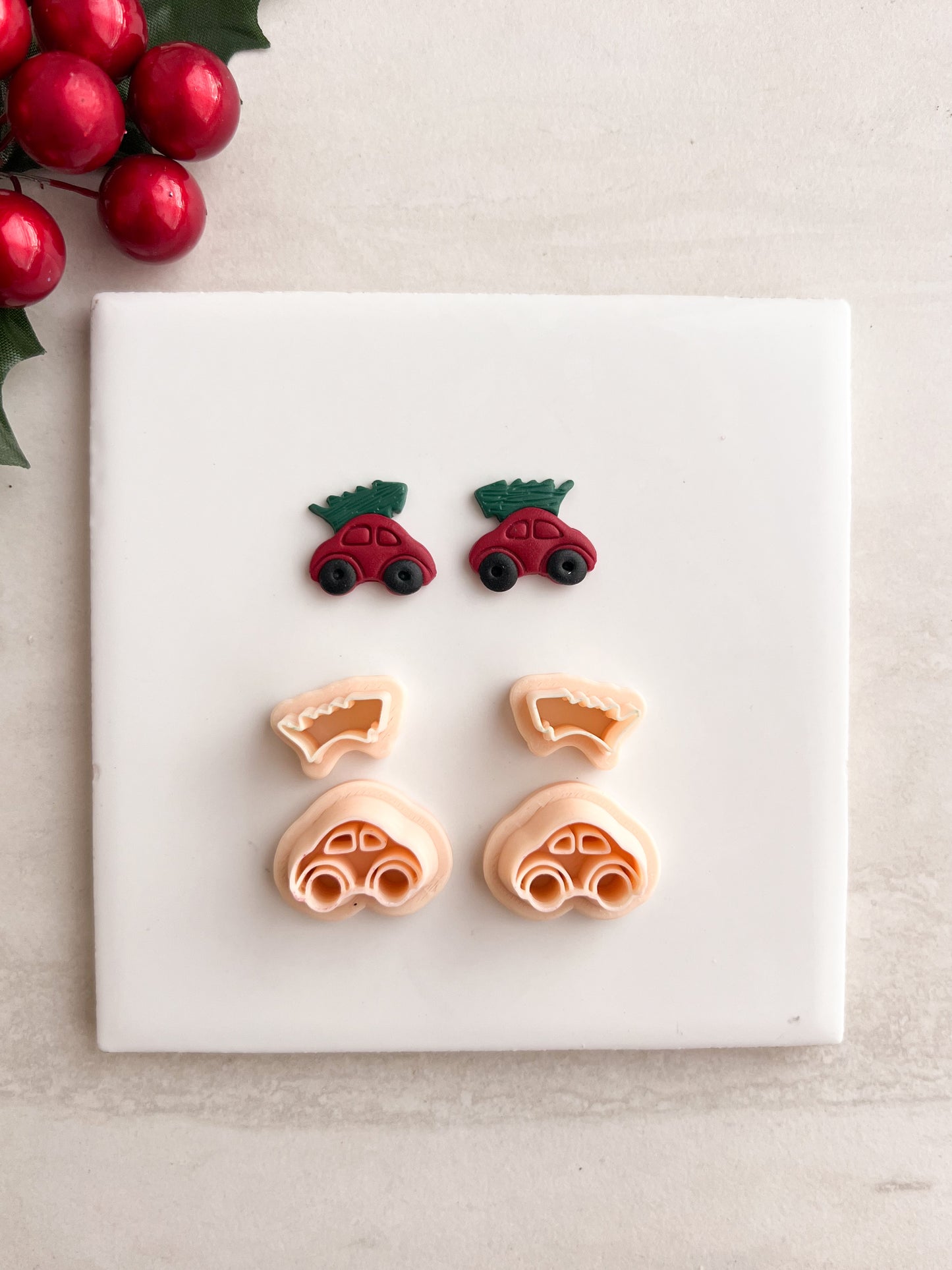 Mini Car Tree Stud Clay Cutter | Mini Car Tree Stud Polymer Clay Cutter for DIY Holiday Earrings Festive Jewelry and Handmade Christmas Accessories