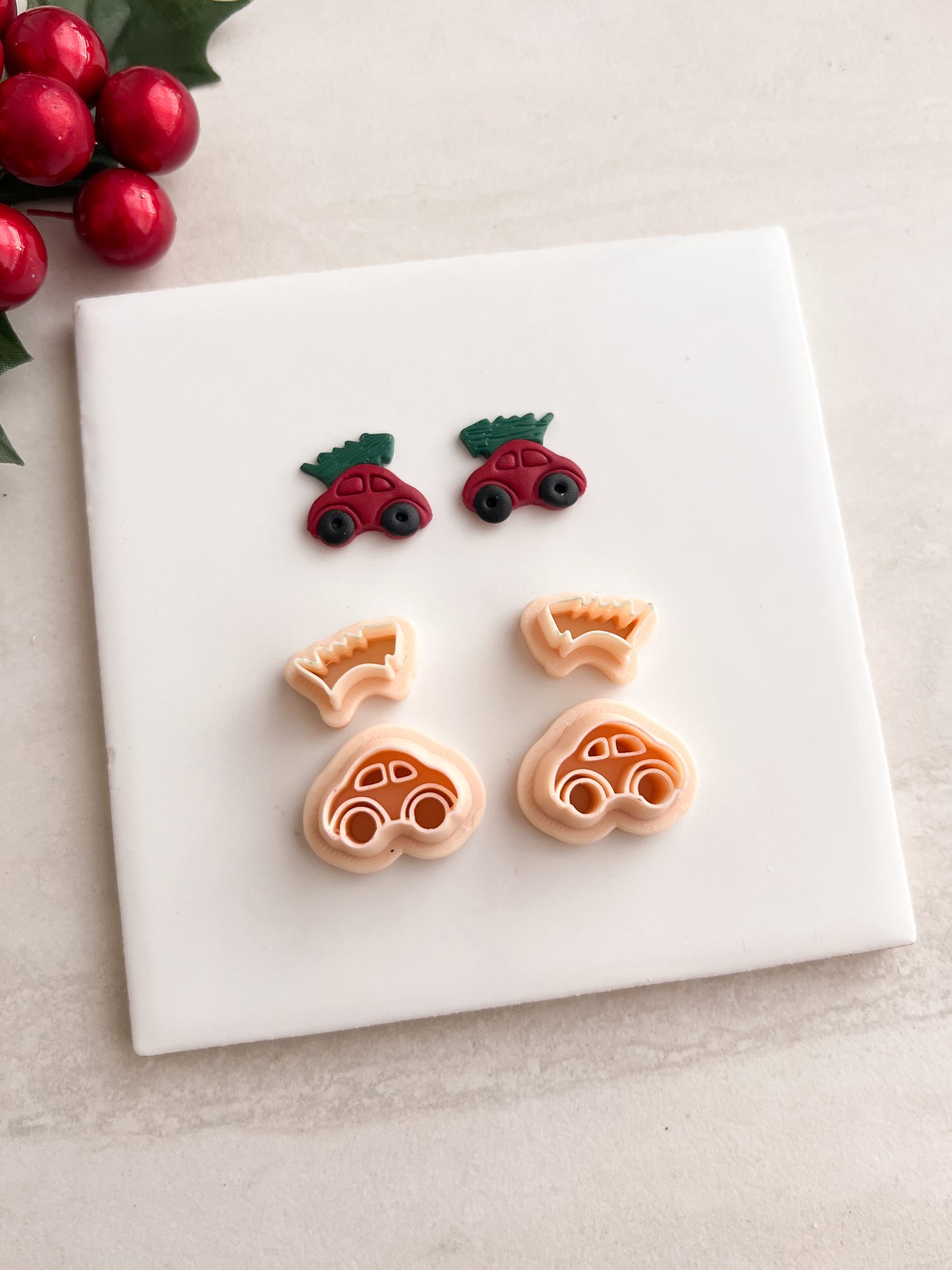 Mini Car Tree Stud Clay Cutter | Mini Car Tree Stud Polymer Clay Cutter for DIY Holiday Earrings Festive Jewelry and Handmade Christmas Accessories