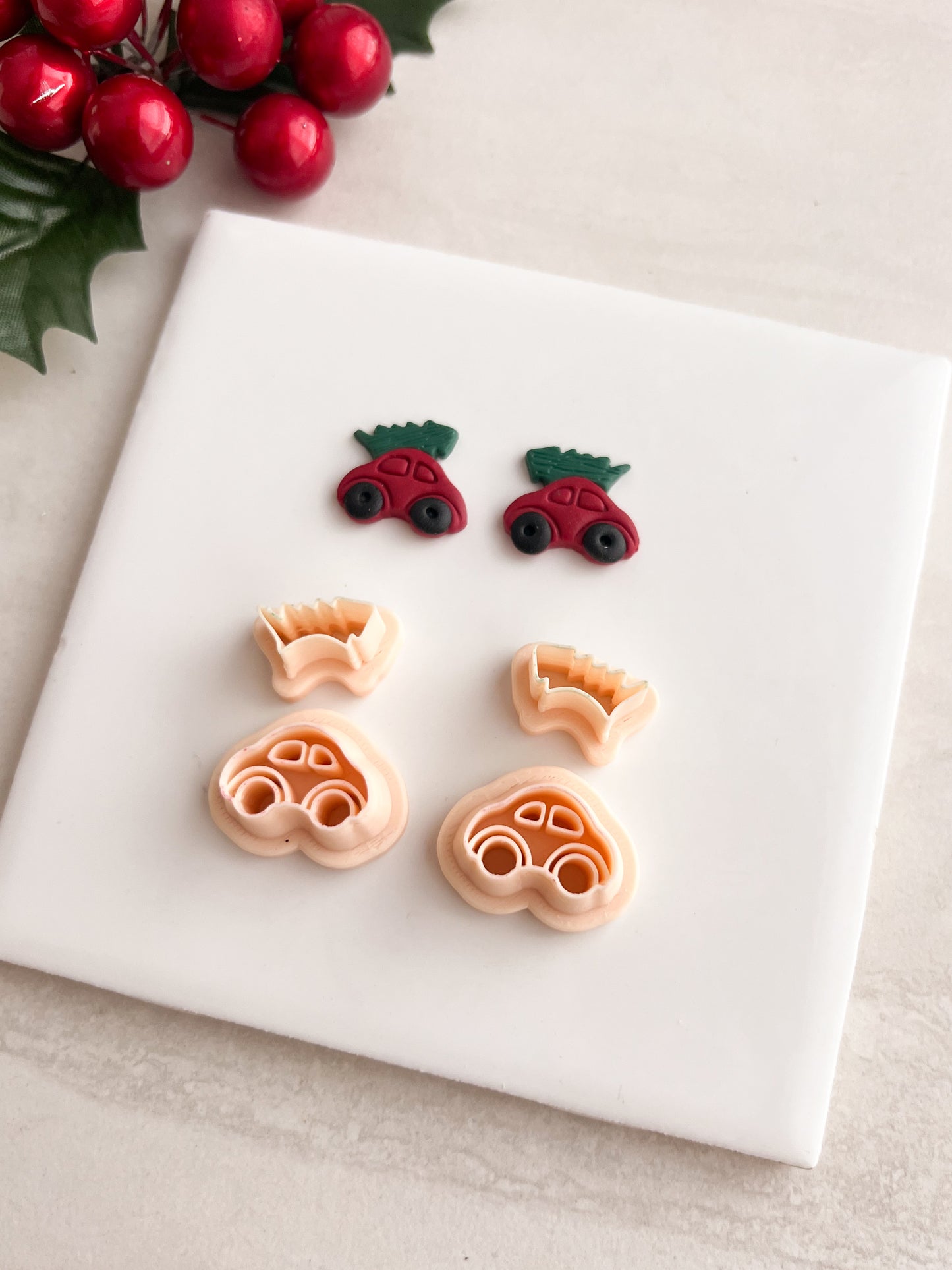 Mini Car Tree Stud Clay Cutter | Mini Car Tree Stud Polymer Clay Cutter for DIY Holiday Earrings Festive Jewelry and Handmade Christmas Accessories
