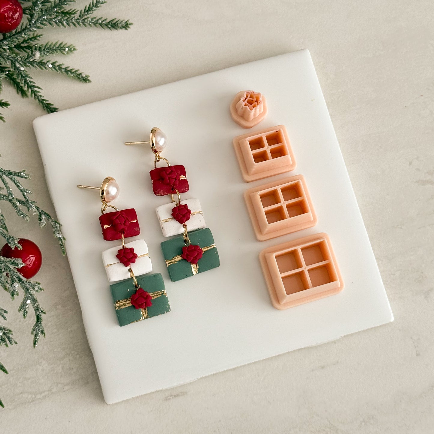 2025 Christmas Present Dangle Trio | Festive Polymer Clay Cutter