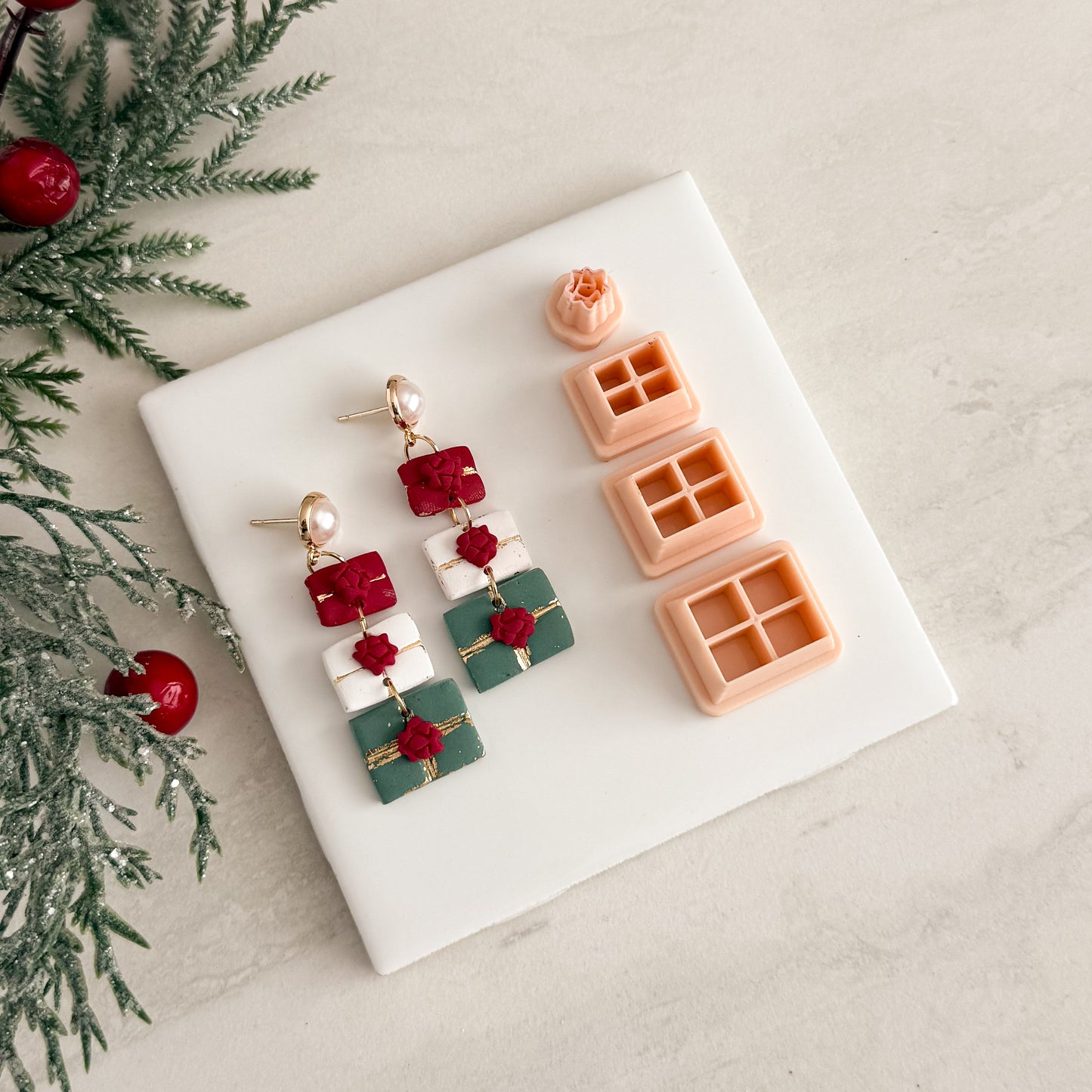 2025 Christmas Present Dangle Trio | Festive Polymer Clay Cutter