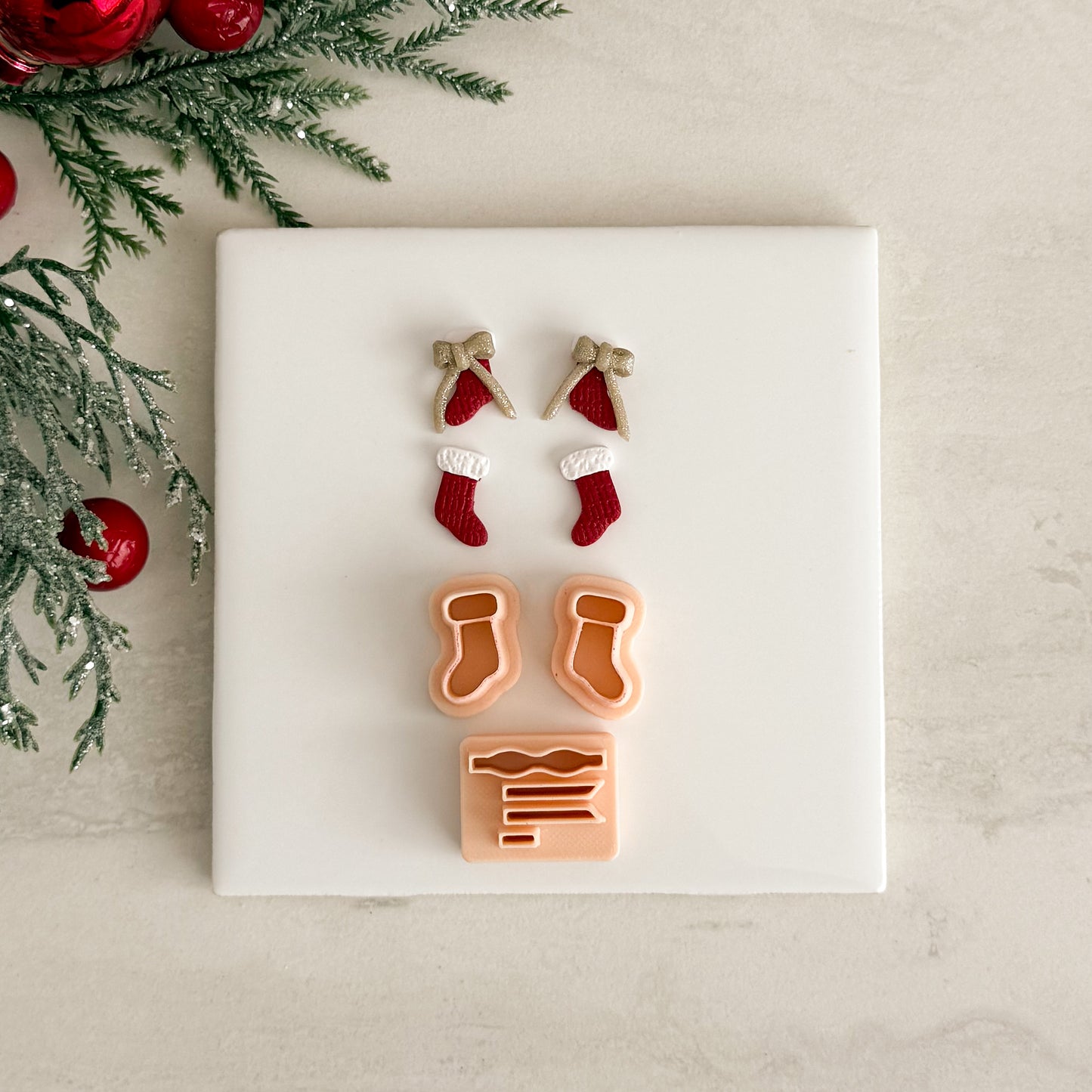 2025 Christmas Stocking with Bow | Festive Polymer Clay Cutters