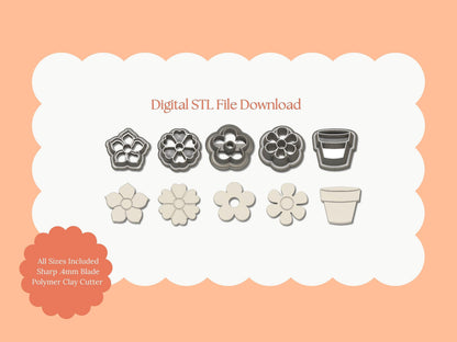 Flower and Clay Pot Set Clay Cutter | Flower and Pot STL File – Digital Floral Cutter Set for Garden Earrings & Spring Crafts