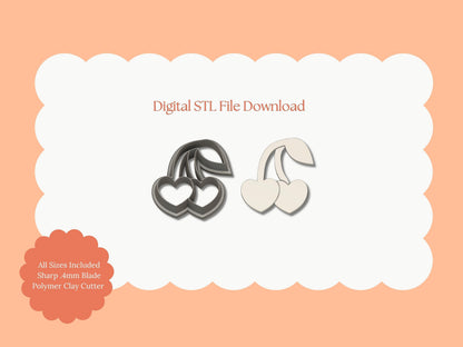 Heart Cherries Clay Cutter | Heart Cherries STL File – Digital Valentine Cutter for Cute Earrings and Fruit-Themed Crafts