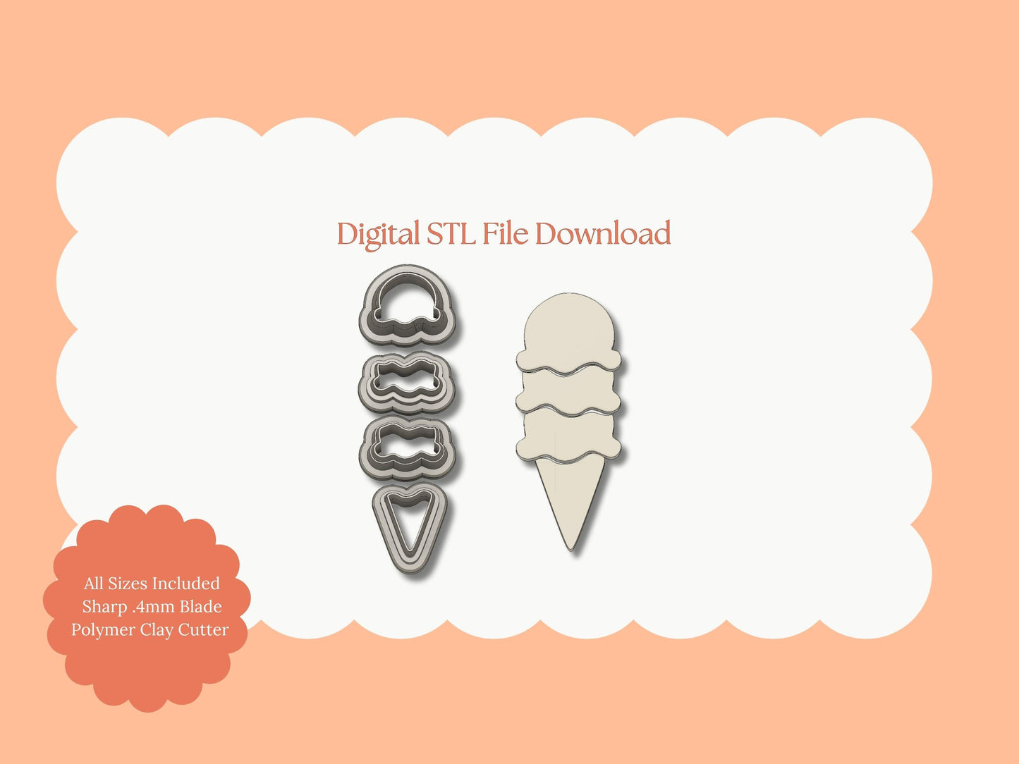 Ice Cream 4 Part Clay Cutter | Ice Cream 4 Part STL File – Digital Cone Cutter for Summer Earrings and Fun Food-Themed Crafts