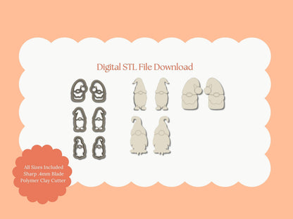 Gnome Trio Mirrored Set Clay Cutter | Gnome Trio STL Files – Digital Holiday Gnome Cutters for Christmas Earrings and Winter Crafts