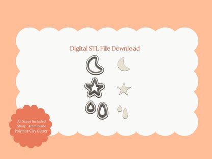 Moon and Star Dangle Clay Cutter | Moon and Star STL File – Celestial Earrings Digital Clay Download