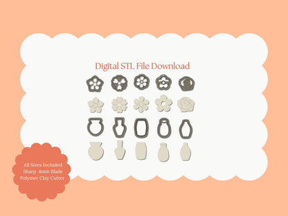 Flower and Vase Set Clay Cutter | Flower and Vase STL File – Digital Botanical Cutter Set for Elegant Earrings & Nature Crafts