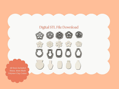 Flower and Vase Set Clay Cutter | Flower and Vase STL File – Digital Botanical Cutter Set for Elegant Earrings & Nature Crafts