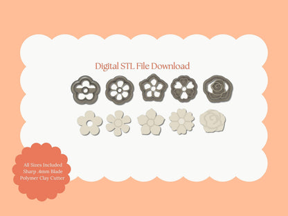 5 Piece Flower Stud Set Clay Cutters | Flower Stud Set STL File – Digital 5-Piece Floral Cutter for Cute Earrings & Botanical DIY Crafts