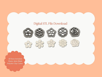 5 Piece Flower Stud Set Clay Cutters | Flower Stud Set STL File – Digital 5-Piece Floral Cutter for Cute Earrings & Botanical DIY Crafts