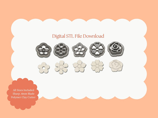 5 Piece Flower Stud Set Clay Cutters | Flower Stud Set STL File – Digital 5-Piece Floral Cutter for Cute Earrings & Botanical DIY Crafts