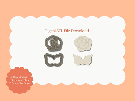 Rose with Leaves Two Part Clay Cutter | Rose with Leaves STL File – Digital 2-Part Floral Cutter for Elegant Earrings & Botanical Crafts
