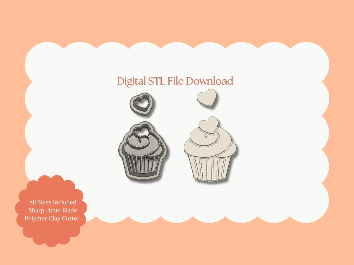 Cupcake with Heart Cherry Clay Cutter | Heart Cherry Cupcake STL File – Digital Food Cutter for Sweet Earrings & Cute Clay Crafts