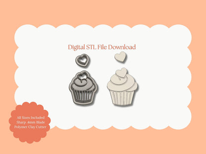 Cupcake with Heart Cherry Clay Cutter | Heart Cherry Cupcake STL File – Digital Food Cutter for Sweet Earrings & Cute Clay Crafts