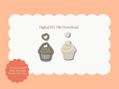 Cupcake with Heart Cherry Clay Cutter | Heart Cherry Cupcake STL File – Digital Food Cutter for Sweet Earrings & Cute Clay Crafts