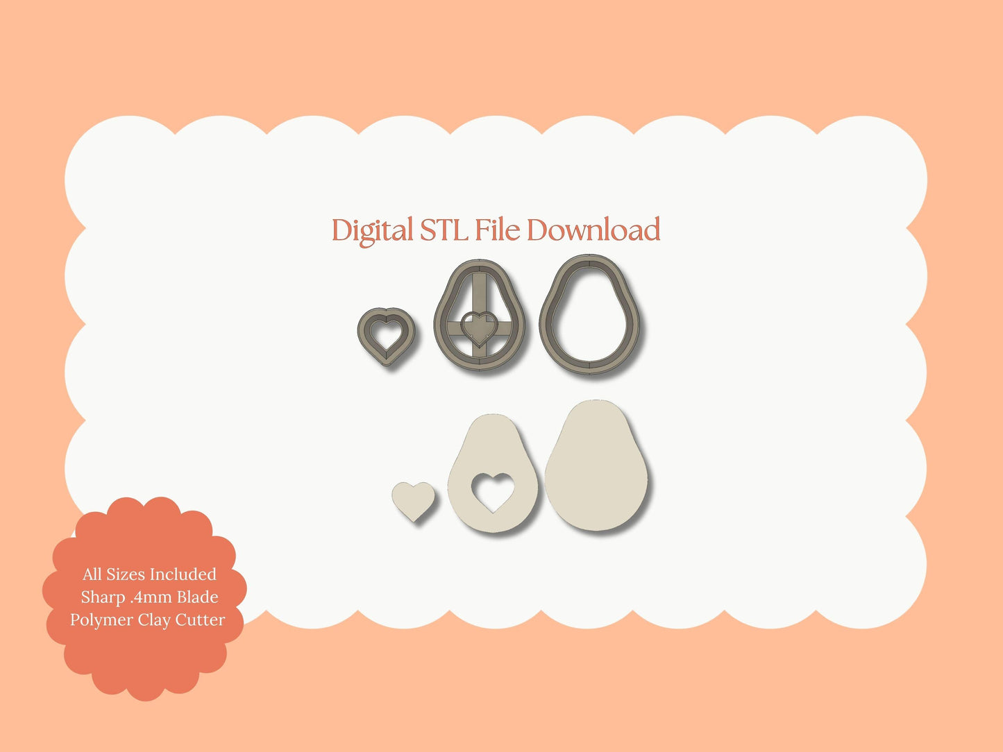 Heart Avocado Clay Cutter | Heart Avocado STL File – Digital Valentine Cutter for Cute Earrings and Food-Themed Crafts