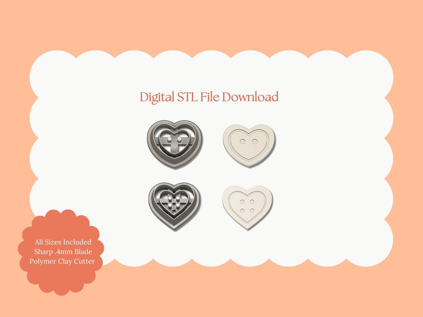 Heart Button Set of Two Clay Cutter | Heart Button Set STL File – Digital Sewing-Themed Cutter for Cute DIY Earrings
