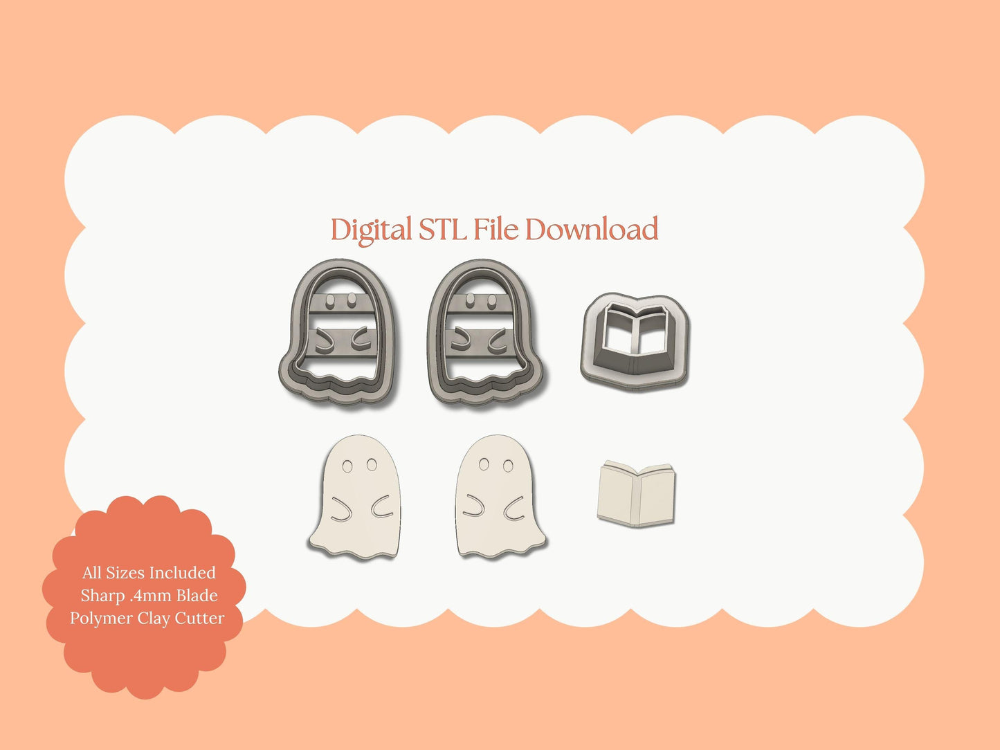Ghost Reading Book Clay Cutter | Ghost Reading STL File – Digital Halloween Cutter for Spooky Earrings & Cute Book Crafts