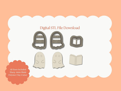 Ghost Reading Book Clay Cutter | Ghost Reading STL File – Digital Halloween Cutter for Spooky Earrings & Cute Book Crafts