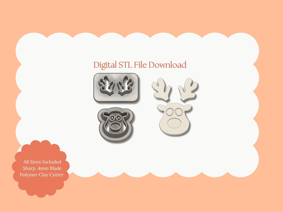 Reindeer with Glasses Clay Cutter | Reindeer STL File – Digital Holiday Cutter for Cute Christmas Earrings and Festive Crafts