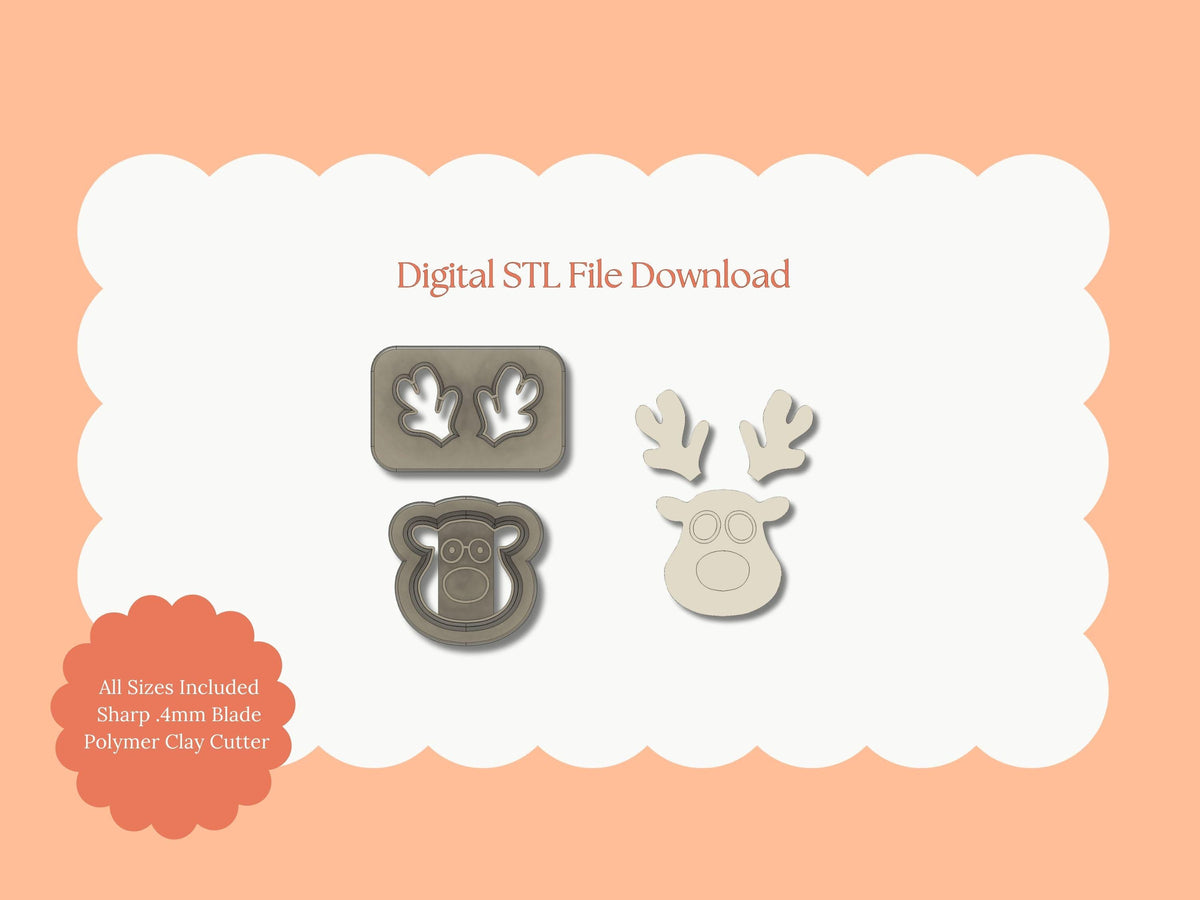 Reindeer with Glasses Clay Cutter | Reindeer STL File – Digital Holiday Cutter for Cute Christmas Earrings and Festive Crafts