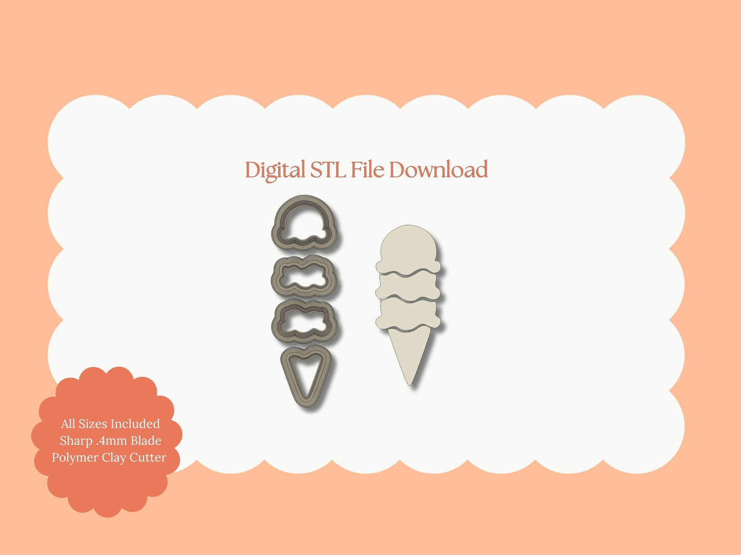 Ice Cream 4 Part Clay Cutter | Ice Cream 4 Part STL File – Digital Cone Cutter for Summer Earrings and Fun Food-Themed Crafts