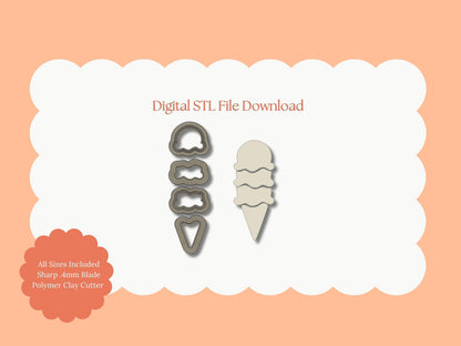 Ice Cream 4 Part Clay Cutter | Ice Cream 4 Part STL File – Digital Cone Cutter for Summer Earrings and Fun Food-Themed Crafts