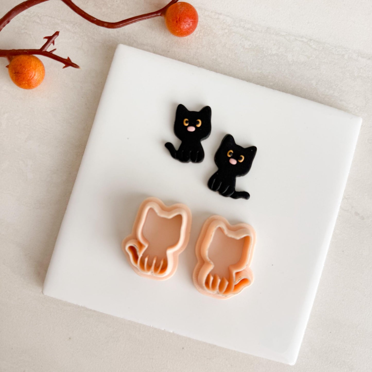 2025 Black Cat Mirrored Set | Black Cat Shape Spooky Halloween Fall Embossed Polymer Clay Tools for Autumn Earrings & Crafts