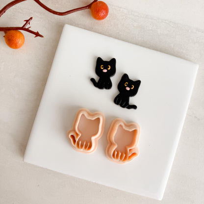 2025 Black Cat Mirrored Set | Black Cat Shape Spooky Halloween Fall Embossed Polymer Clay Tools for Autumn Earrings & Crafts