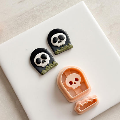 2025 Tombstone with Skull Clay Cutter | Spooky Halloween Gravestone Polymer Clay Cutter for Fall Earrings and Crafts