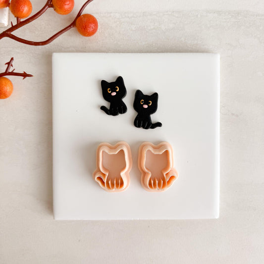 2025 Black Cat Mirrored Set | Black Cat Shape Spooky Halloween Fall Embossed Polymer Clay Tools for Autumn Earrings & Crafts