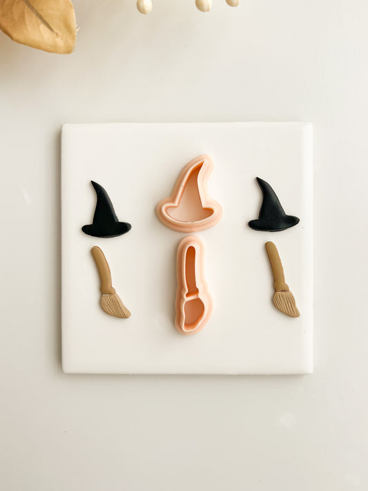 Witch Broom and Hat Set Clay Cutter | Witch Broom and Hat Polymer Clay Cutter Set for DIY Halloween Earrings Spooky-Themed Jewelry and Handmade Witch Accessories
